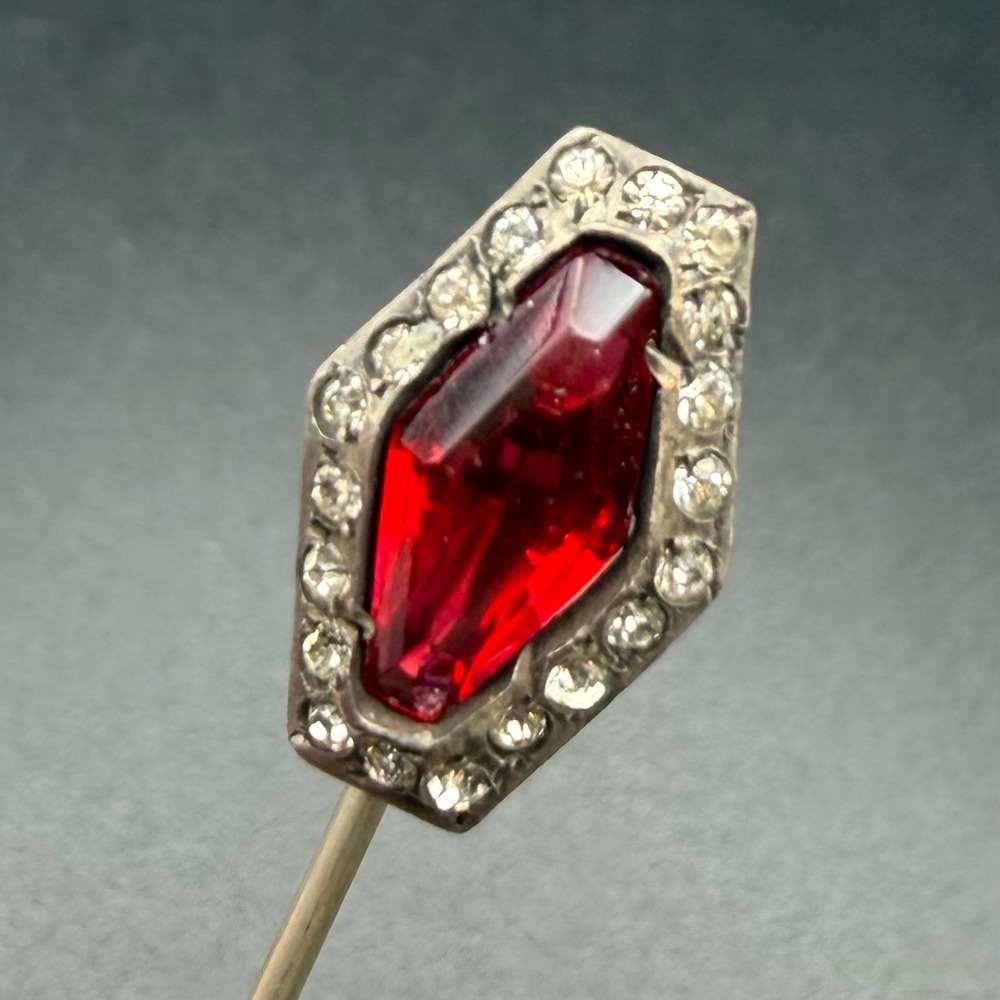 Vintage Sterling Silver Stick Pin Red Glass Rhinestone 1.80"